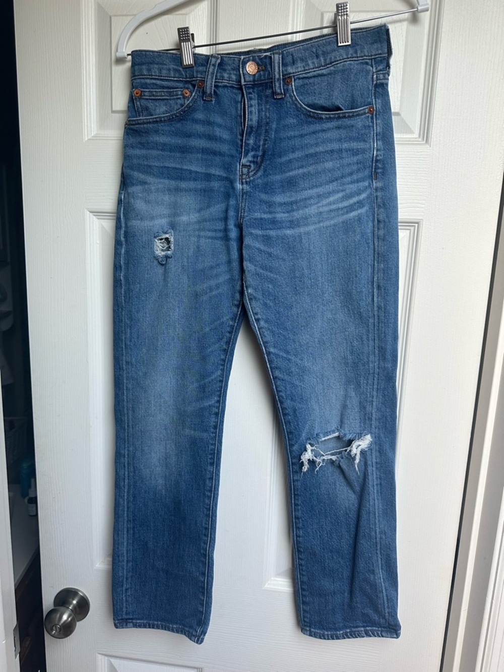 Madewell Straight-Leg Jeans in Mid Blue with Distressed Knees